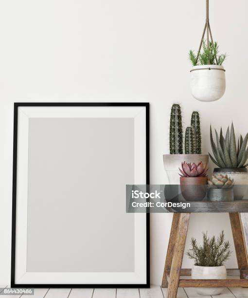 Mockup Poster Mit Deko Pflanze Stockfoto und mehr Bilder von Wand - Wand, Kaktus, Büro