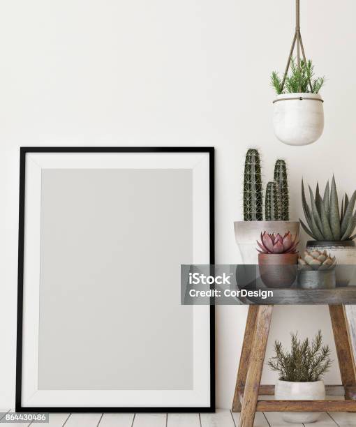 Mock Up Poster With Decoration Plant Stock Photo - Download Image Now - Wall - Building Feature, Cactus, Office