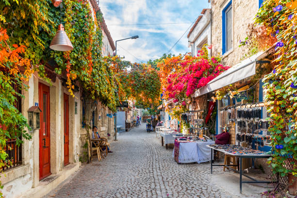 Historical Alacati Town in Turkey Alacati, Turkey - October 18, 2017 : Alacati street view in Alacati Town. Alacati is populer historical tourist destination in Turkey. begoniaceae stock pictures, royalty-free photos & images
