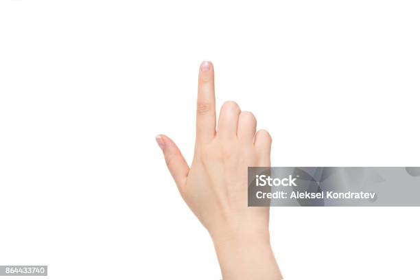 Weibliche Zeigefinger Auf Einem Weißen Hintergrund Stockfoto und mehr Bilder von Hand