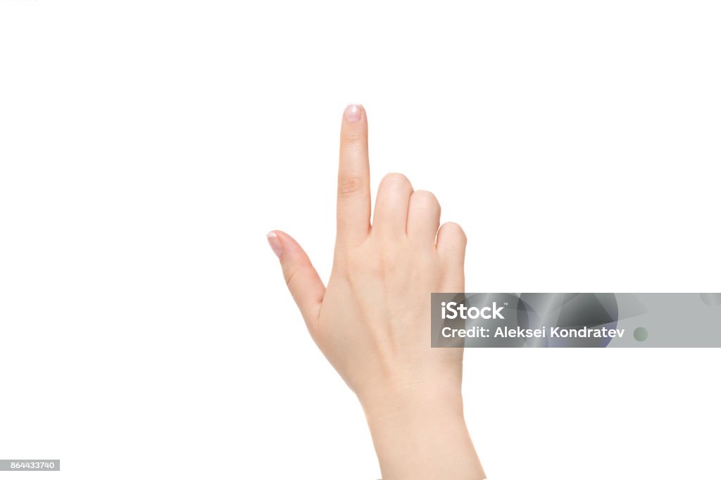 Female index finger on a white background. Isolated female index finger on a white background. Hand Stock Photo