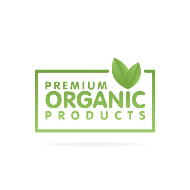 Premium organic products banner. Text and frame with green leaf. Vector illustration Premium organic products banner. Text and frame with green leaf. Vector illustration. naming organic compounds stock illustrations