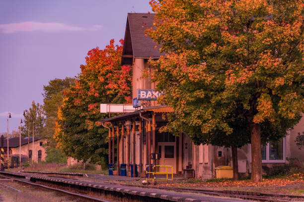 Station Bakov nad Jizerou in central Bohemia with pink sunset
