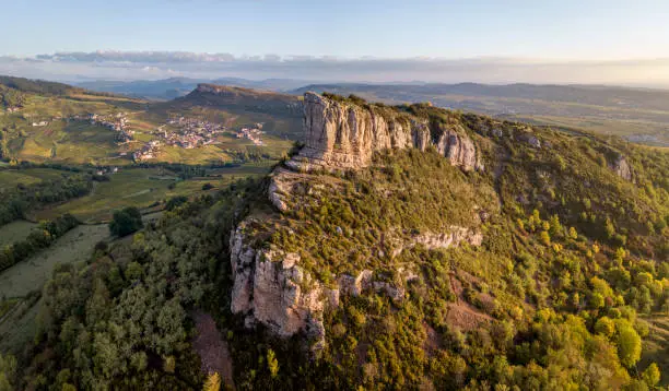 Aerial view of Solutre rock in Burgundy at sunrise