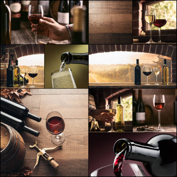 Wine tasting and winemaking photo collage: sommelier drinking wine at the bar, bottles collection, rustic cellar and window view on the coutryside vineyard
