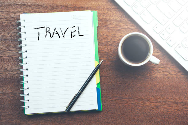 istock Word travel on notepad and keboard with coffee 864437954