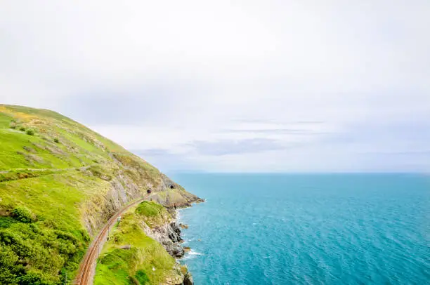 View on Coastline and Railroad track by Bray in Ireland