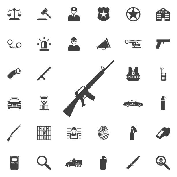 illustrazioni stock, clip art, cartoni animati e icone di tendenza di icona mitragliatrice. - army usa text metal