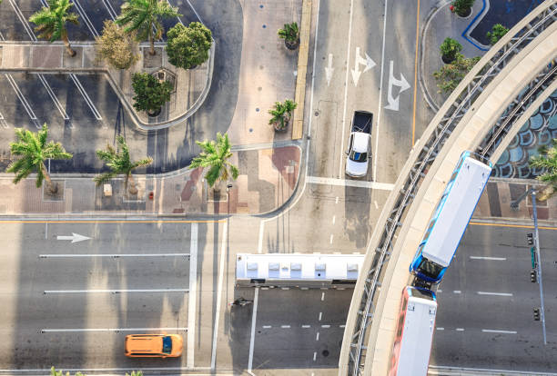 Aerial view (directly from above) of the US-1 stretch passing through downtown Miami. Picture was taken from in between two buildings in the heart of the downtown. Metro-mover was passing by at the moment of the shoot.
