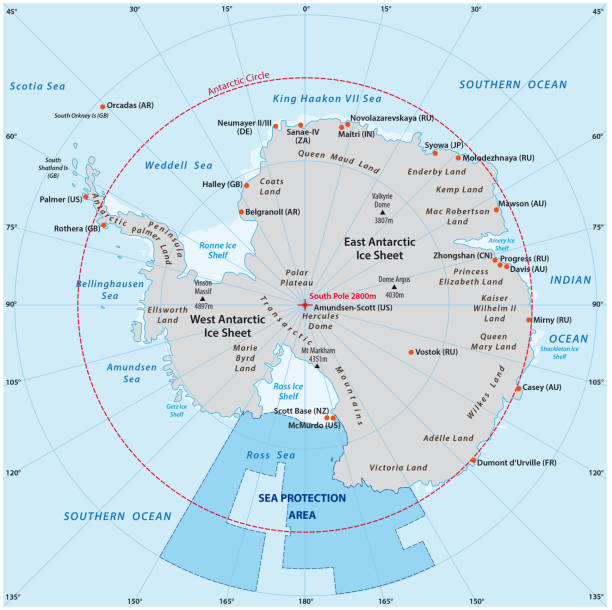 karte der antarktis mit dem neuen see-schutz-bereich in der ross-see - südpolarmeer stock-grafiken, -clipart, -cartoons und -symbole