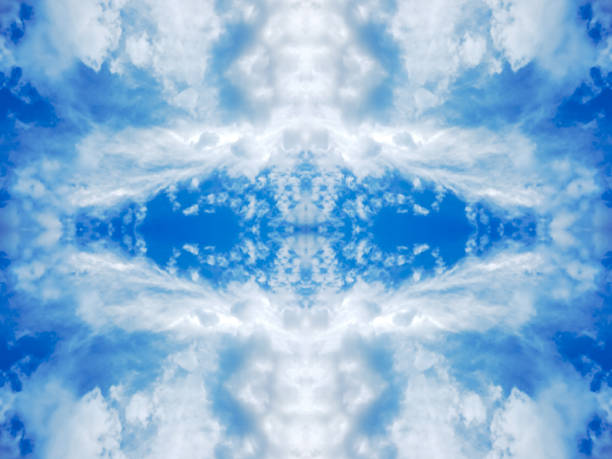 Blue sky with clouds - mirror reflection, background with kaleidoscope effect. Abstract natural wallpaper