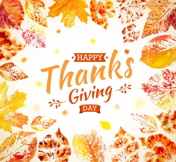 Vector illustration of Thanksgiving day poster design. Autumn greeting card. Fall colorful leaves painted in watercolor with lettering Happy Thanksgiving Day.