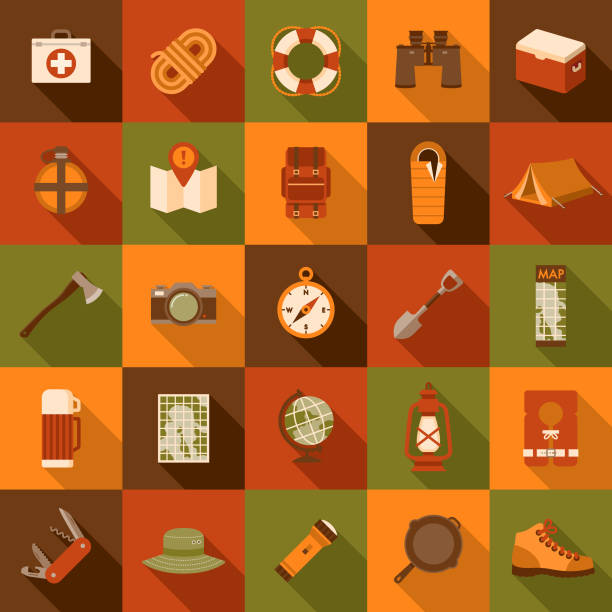 Flat Design Camping Icon Set with Side Shadow A set of flat design styled camping icosn with a long side shadow. File is built in CMYK for optimal printing. Color swatches are global so it’s easy to edit and change the colors. earth first aid stock illustrations