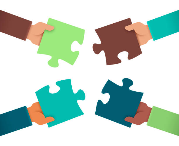 Working Together Puzzle Hands Teamwork hands putting puzzle pieces together. coordination stock illustrations
