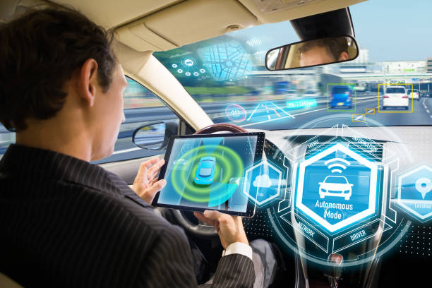 istock Futuristic interface of autonomous car. Self driving vehicle. Driverless car. 864462016