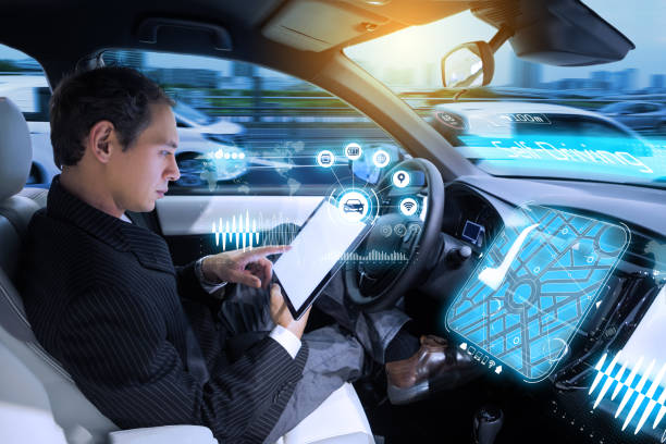 istock Caucasian man riding autonomous car. Self driving vehicle. Driverless car. 864462064