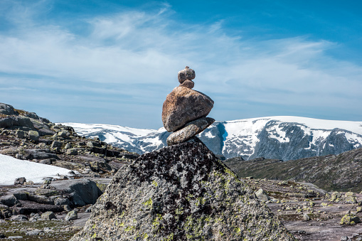 Pile of balancing stones on top of a mountain in Norway