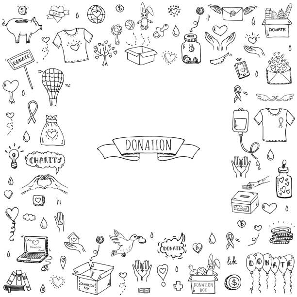 Donation icons set Hand drawn doodle Donation icons set. Vector illustration. Charity symbols collection Cartoon donate sketch elements: blood donation, box, heart, money jar, care, help, gift, giving hand, fund raising support borders stock illustrations