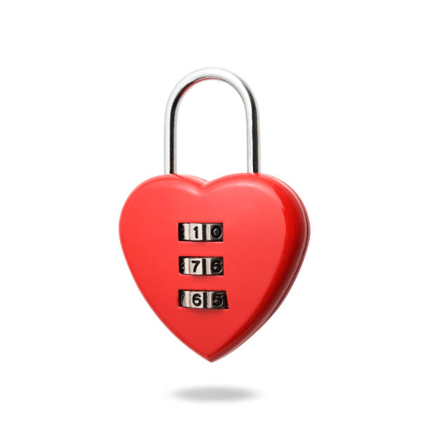 istock Red heart shape combination lock floating in mid- air 864465186