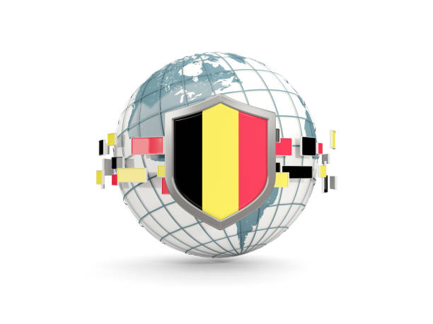 globo e o escudo com a bandeira da bélgica isolado no branco - belgium belgian flag flag shield - fotografias e filmes do acervo