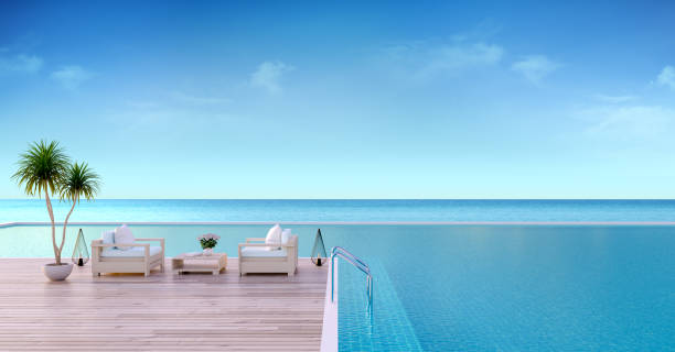 istock Varcetion time , Wood sofa on Sunbathing deck and private swimming pool with  panoramic sea view at luxury villa/3d rendering 864475220