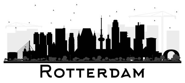 stockillustraties, clipart, cartoons en iconen met rotterdam nederland skyline zwart-wit silhouet. - rotterdam