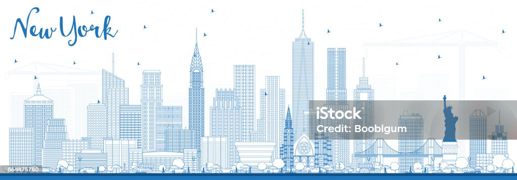 Outline New York USA Skyline with Blue Buildings. Outline New York USA Skyline with Blue Buildings. Vector Illustration. Business Travel and Tourism Concept with Modern Architecture. New York City stock vector