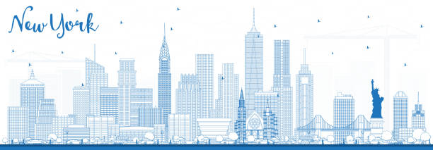 Outline New York USA Skyline with Blue Buildings. Outline New York USA Skyline with Blue Buildings. Vector Illustration. Business Travel and Tourism Concept with Modern Architecture. new york city illustrations stock illustrations