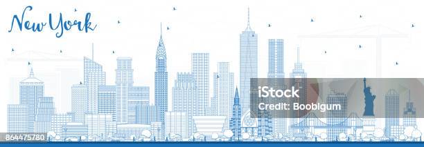 Outline New York Usa Skyline With Blue Buildings Stock Illustration - Download Image Now - New York City, Urban Skyline, Illustration