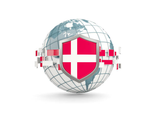 istock Globe and shield with flag of denmark isolated on white 864476302