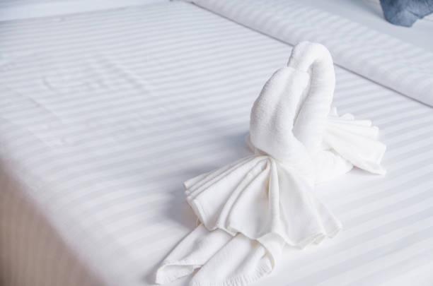 istock swan of white towel on bed 864476930