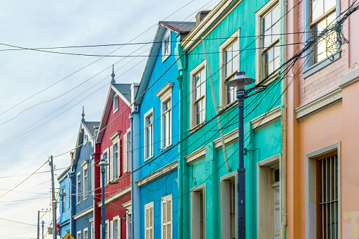 View on colorful colonial houses in the streets of Valparaiso - Chile