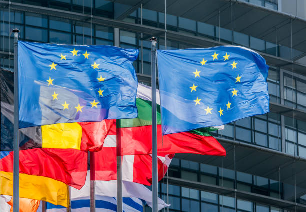 European Union Flags European Union Flags in Strasbourg schengen agreement photos stock pictures, royalty-free photos & images