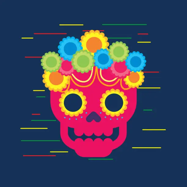 Vector illustration of day of the dead skull with floral ornament blue background
