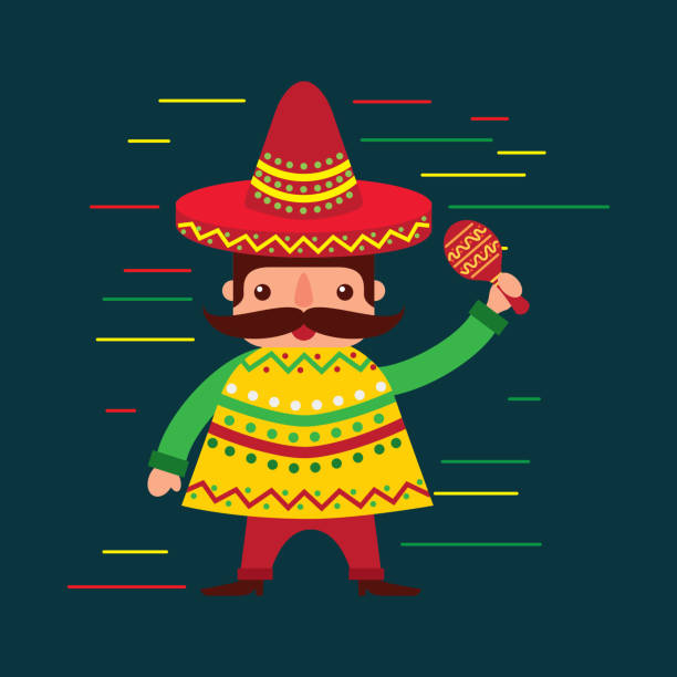 istock cartoon mexican man in a hat with maraca and poncho 864479752