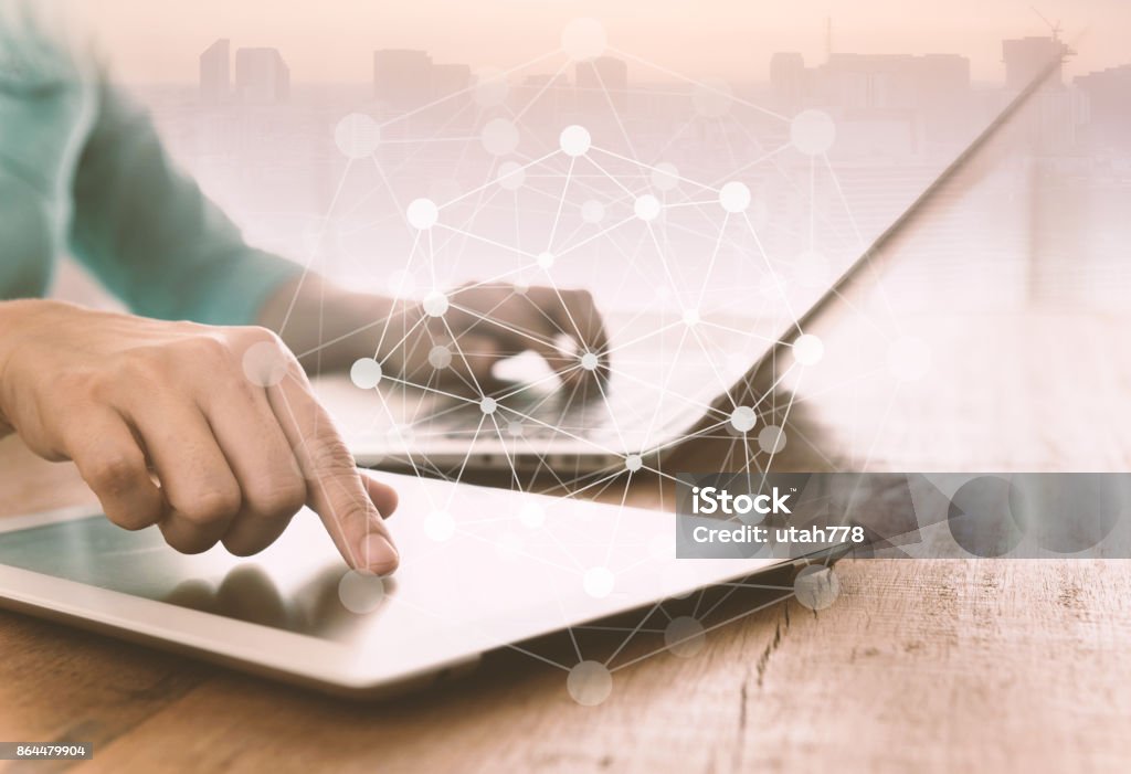 internet of things internet of things. people using digital tablet and laptop computer with internet icon go to web. E-Learning Stock Photo