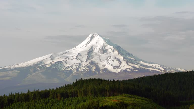 AERIAL Revealing Mt. Hood covered in snow