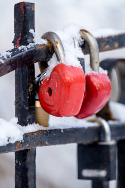 Red love locks in snow stock photo