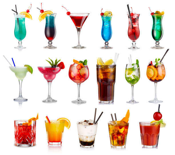 set di classici cocktail di alcol isolati - colors isolated white fruit foto e immagini stock