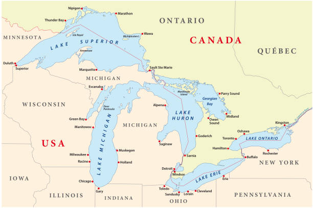 ilustraç�ões de stock, clip art, desenhos animados e ícones de map of great lakes - lawrence quebec canada north america