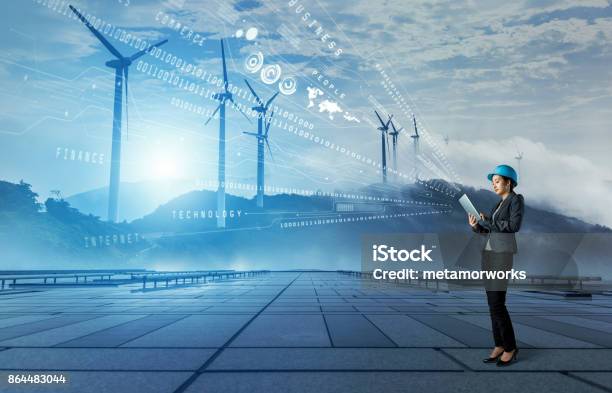 Wind Power Plant Renewable Energy Concept Stock Photo - Download Image Now - Smart Grid, Remote Location, Technology