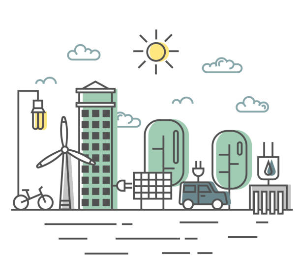 Energy saving and environmentally friendly technologies, alternative energy sources. The town streets in a flat linear style. Energy saving and environmentally friendly technologies, alternative energy sources. City street in flat linear style with wind turbine, solar panel and electromobile. power line illustrations stock illustrations