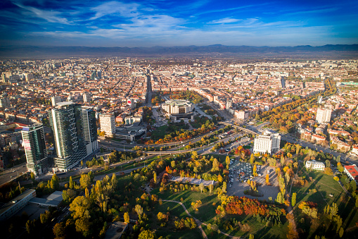 Majestic wide aerial drone urban shot of Sofia city downtown. National Palace of Culture (NDK). The shot was taken near sunset with DJI Phantom 4 Pro drone / quadcopter.