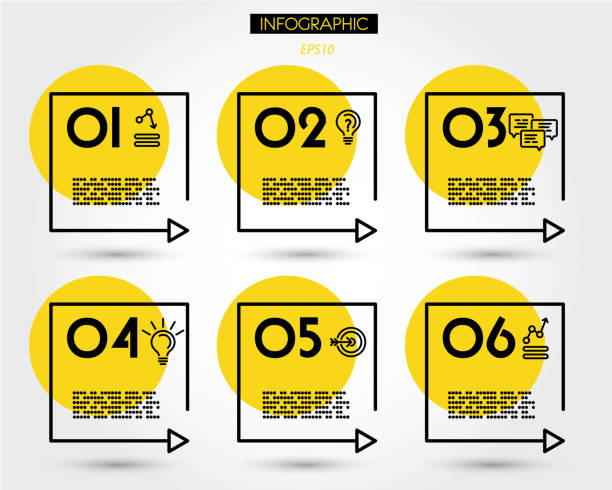 illustrazioni stock, clip art, cartoni animati e icone di tendenza di elementi della linea temporale quadrati lineari gialli - number 6