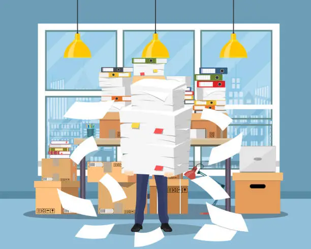 Vector illustration of Stressed businessman holds pile papers