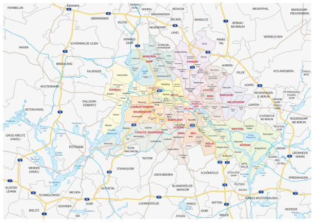 illustrazioni stock, clip art, cartoni animati e icone di tendenza di mappa della regione metropolitana di berlino-brandeburgo - central berlin