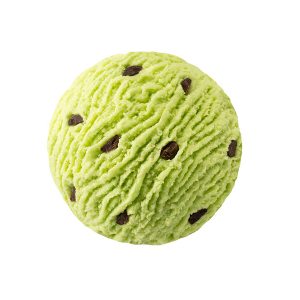 Pistachio ice cream scoop with chocolate pieces Green pistacchio kiwi sorbet ice-cream ball with chocolate maclura pomifera stock pictures, royalty-free photos & images