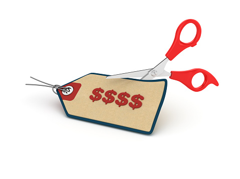 Dollar Sign Shopping Tag with Scissors - White Background - 3D Rendering