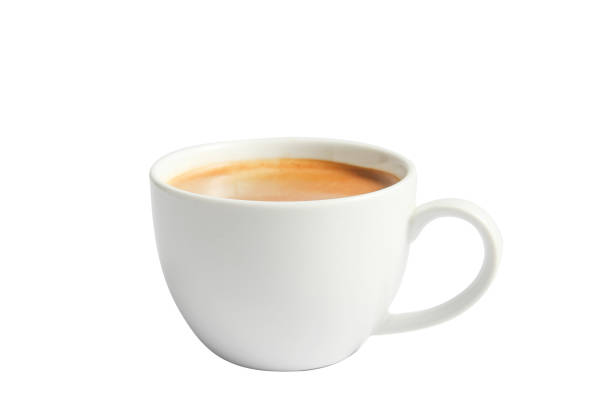 isolate hot coffee in ceramic mug on white. - white coffee mug imagens e fotografias de stock