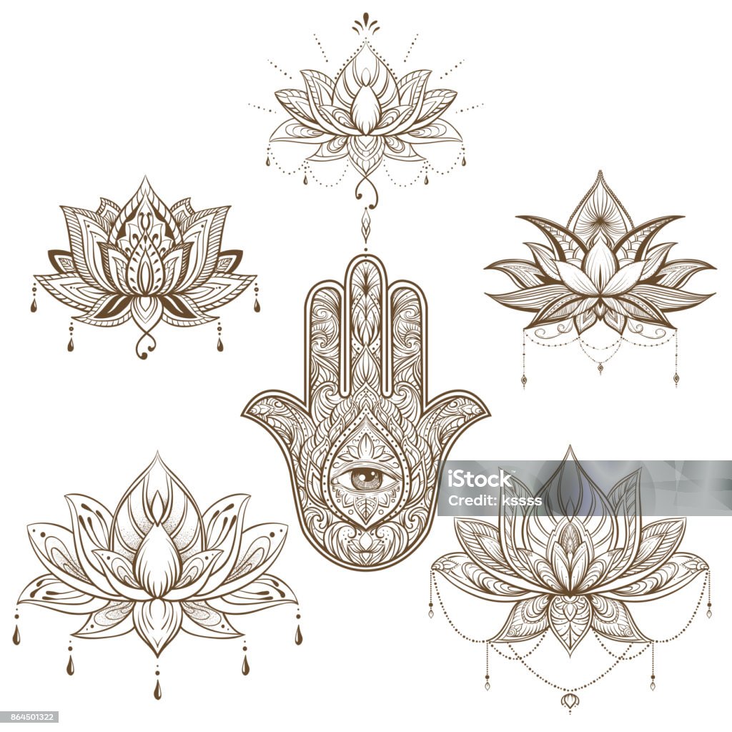 lotus flower and hamsa set. Vector. boho style, yoga, india, Arabic. sketch for tattoo Abstract stock vector